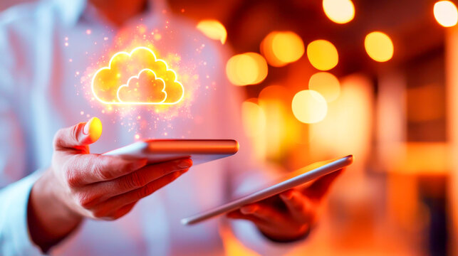 Cloud Computing: A hand holds a smartphone displaying a glowing cloud icon, symbolizing the seamless integration of technology and connectivity in the modern world.