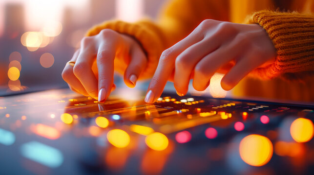 Fingers on the Beat: A close-up shot of a woman's hands skillfully manipulating a music controller, surrounded by warm, atmospheric lighting. The image evokes creativity, passion.