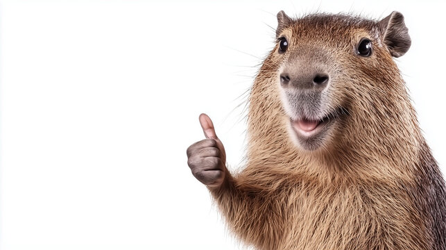 Capybara Thumbs Up: Happy Capybara giving a thumbs up.  Positive, friendly, and adorable rodent. Perfect for social media, memes, or positive messaging. 