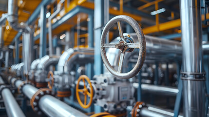 Fototapeta premium Concept background industrial factory zone. Steel pipelines, valves and ladders modern gas power plant