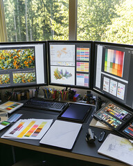 Modern workspace with three monitors, a keyboard, a tablet, a laptop, and various design tools.