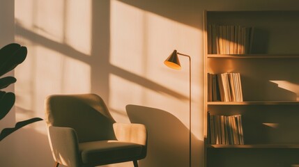 Fototapeta premium Cozy Reading Nook in Warm Minimalism Interior with Soft Armchair, Floor Lamp, and Bookshelf | Ultra-Detailed Home Decor Inspiration