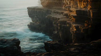 Rugged cliffs overlooking a crashing ocean.