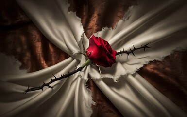 Valentine A single red rose with thorns lies on a white fabric with brown accents.