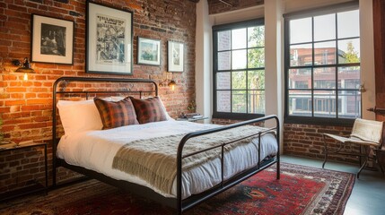 Cozy Industrial Bedroom with Exposed Brick Walls
