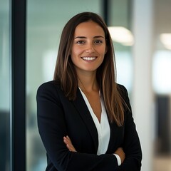Retrato de joven empresaria sonriente con brazos cruzados en oficina moderna, concepto de profesionalismo y confianza