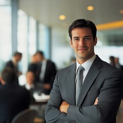 Joven empresario con traje y brazos cruzados en oficina moderna, equipo de negocios desenfocado al fondo, simbolizando liderazgo y éxito profesional
