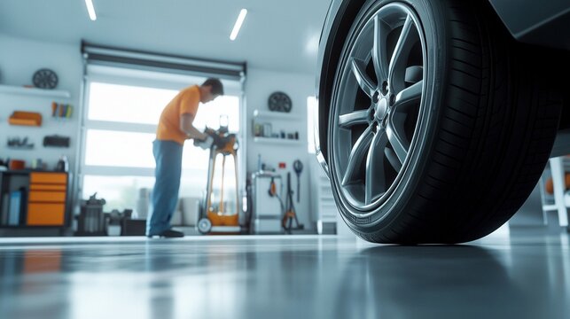 Rueda de autom&oacute;vil en primer plano en taller moderno con mec&aacute;nico trabajando en segundo plano, concepto de mantenimiento y servicio automotriz