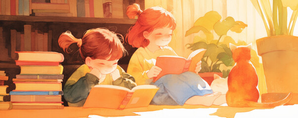 Fototapeta na wymiar Children reading storybooks with cat in cozy, sunlit room, surrounded by books and plants, creating warm and joyful atmosphere
