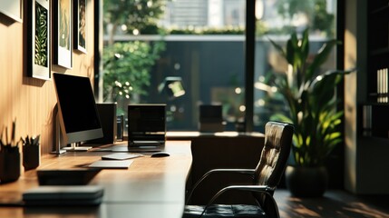 A modern office workspace with sleek furniture and natural light 
