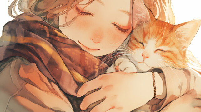 Owner gently holding cat wrapped in blanket, showcasing warmth and affection. scene captures tender moment between person and their beloved pet, radiating joy and comfort