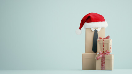  Festive Business Gift: A stack of wrapped presents adorned with a Santa hat and a black tie, symbolizing the spirit of giving and holiday cheer in the workplace.  