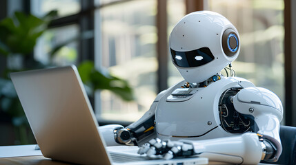 cute white artificial intelligence robot with a Laptop in the office room, office robot, working robot