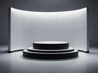 Fototapeta premium A minimalist, modern stage with ascending black platforms featuring white tops and illuminated borders. A curved, glowing backdrop adds sophistication, ideal for product showcases or presentations. 