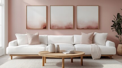 Fototapeta premium A modern living room with a soft, pink feature wall. A white sofa adorned with plush cushions
