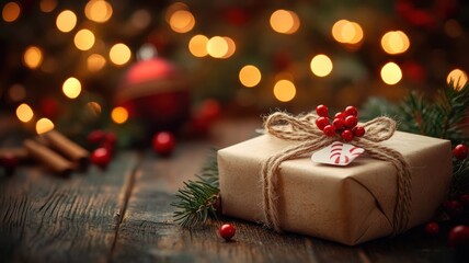 Merry Chistmas and Happy New Years Background. Brown Christmas gift box on rustic wooden table. High Quality Image