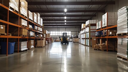 A forklift drives down a warehouse aisle, with boxes and shelves lining both sides.