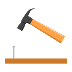 Vector illustration of a hammer hitting a nail into a wooden board, isolated on a white background