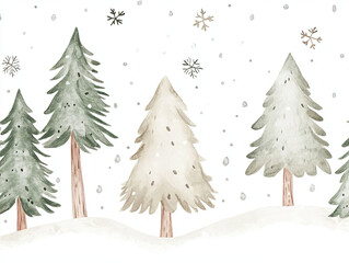 Obraz premium cozy watercolor style illustration of snow covered trees in serene woodland setting, featuring various evergreen trees and delicate snowflakes