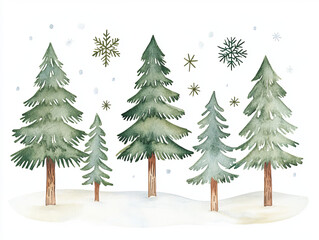 Obraz premium cozy watercolor style illustration of snow covered trees in woodland setting, featuring various evergreen trees and delicate snowflakes