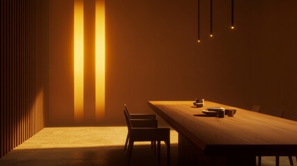 Serene Minimalist Dining Space with Warm Wooden Table and Soft Lighting | Discover Ultra-Detailed Interior Design Ideas for Cozy Ambiance