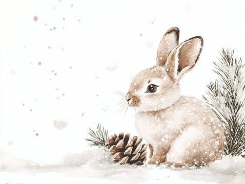 cozy watercolor style winter hare sitting beside pine cone, surrounded by soft snowflakes. This charming scene captures essence of winter beauty