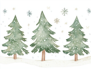 Obraz premium Cozy watercolor style winter scene featuring three green pine trees adorned with snowflakes. serene and festive atmosphere captures essence of season