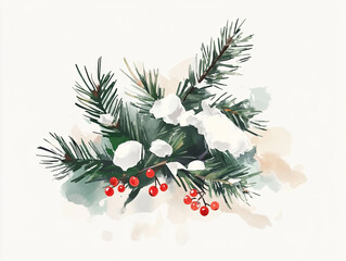 watercolor style illustration of pine branch with red berries and snow, evoking cozy winter atmosphere. Perfect for holiday themes and seasonal decor