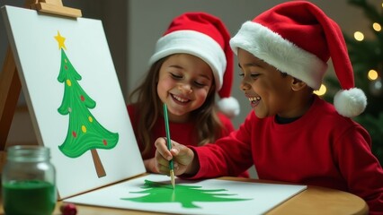 children painting Christmas tree on New Year holidays at home, happy smiling kids playing, making art project in Santa Claus hat