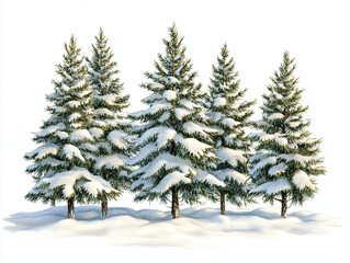 Joyful watercolor style snow covered tree grove in winter landscape, showcasing evergreen trees blanketed in fresh snow, creating serene and peaceful atmosphere