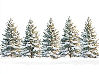 Fototapeta premium serene winter scene featuring row of snow covered evergreen trees, creating peaceful and joyful atmosphere. white snow contrasts beautifully with green foliage
