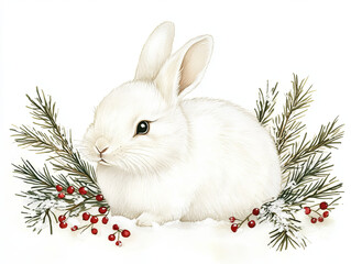 Obraz premium joyful watercolor style snowy rabbit surrounded by pine branches and red berries, evoking serene winter atmosphere