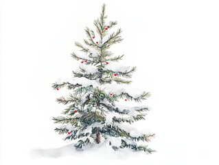 playful watercolor style snow covered evergreen tree adorned with red berries, creating serene winter scene. Perfect for holiday themes and seasonal decor