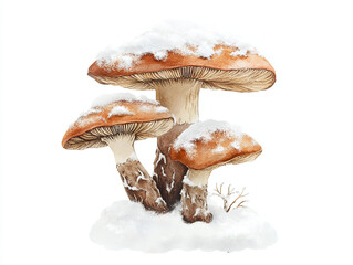 Cheerful watercolor style snow covered mushroom cluster in winter. mushrooms are adorned with soft layer of snow, creating whimsical and serene winter scene