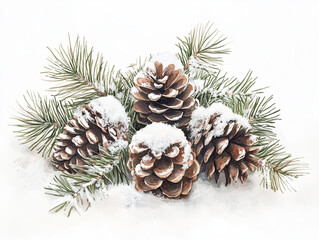 Fototapeta premium Cheerful watercolor style snow dusted pinecone cluster with green pine needles, evoking wintery atmosphere. Perfect for seasonal decor and nature themes
