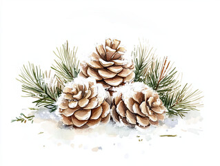 Fototapeta premium Cheerful watercolor style snow dusted pinecone cluster with green pine needles, evoking cozy winter atmosphere. Perfect for seasonal decor and nature themes