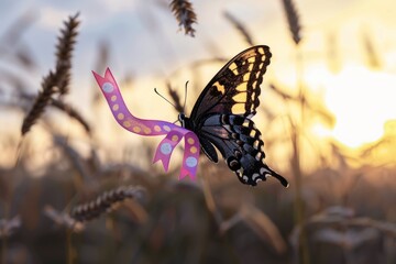 Obraz premium A butterfly with wings colored like the lupus awareness ribbon flying over a field