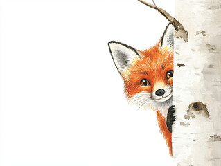 Fototapeta premium cheerful watercolor style winter fox peeking from behind birch tree, showcasing its vibrant orange fur and curious expression