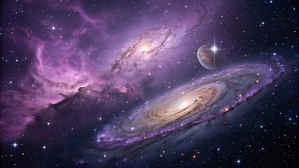 An otherworldly scene of stars and galaxies suspended in mid-air amidst swirling clouds of purple gas, cosmic, interstellar medium, nebulae, galaxy