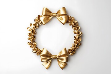 Obraz premium Golden Christmas wreath with pine cones and ribbon