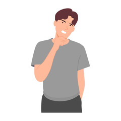 Man is confused, has doubts, thinks about something, consider options, and hesitates to make a decision. Vector Illustration