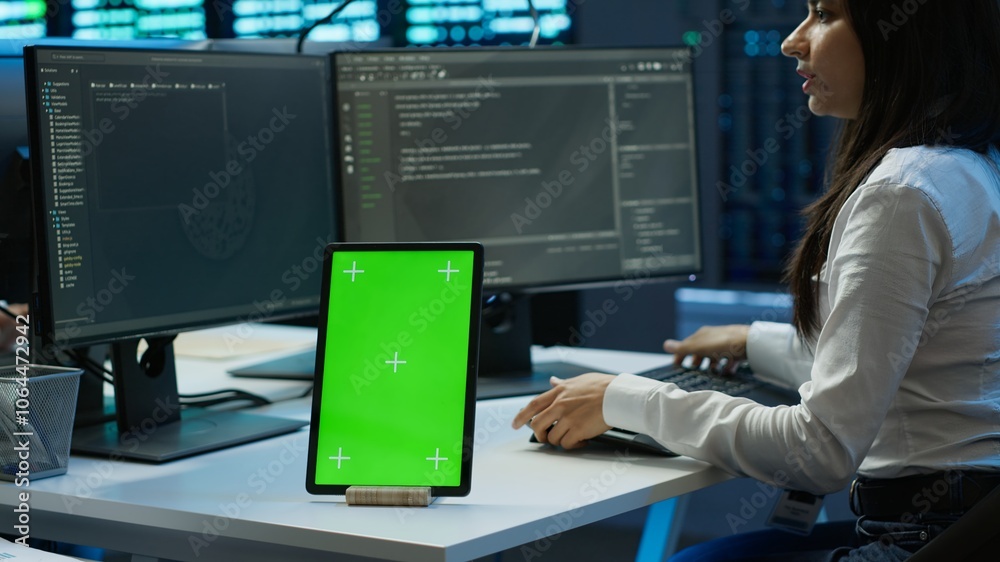 Poster software developer in data center monitoring security threats using mockup tablet. it professional u