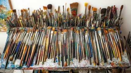Obraz premium Collection of Artist Paint Brushes on a Workbench