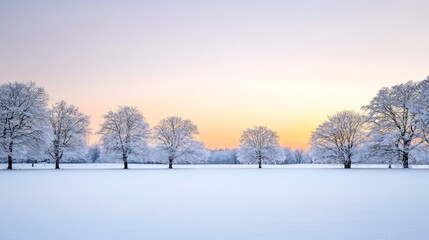 Fototapeta premium A peaceful winter sunset scene, where the sky transitions from bright orange to deep purple as the sun dips below the horizon. Snow-dusted trees frame the composition, suggesting a tranquil escape.