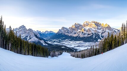 A panoramic view of a winter sunrise illuminating a mountain range, where the first light of day highlights the snow-capped peaks. The foreground features a tranquil valley blanketed in fresh snow,