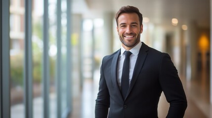 A well-dressed man in a dark suit, smiling confidently while standing in a bright hallway