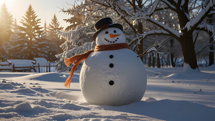 Fototapeta premium Snowman in the yard full of snow