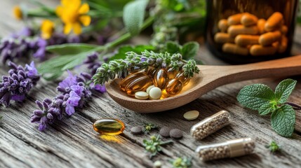 A wooden spoon filled with herbal supplements and capsules sits among fresh herbs and flowers
