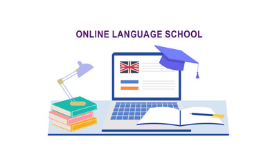 Online language school banner. Concept of digital training foreign languages, distance study