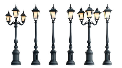 Black street lamp post on white background..